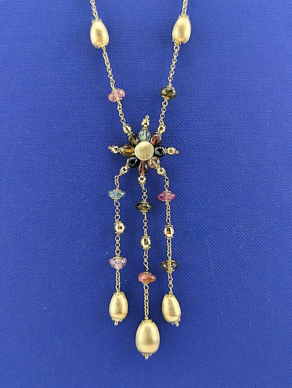 14ky Yellow Gold Tourmaline and Citrine Lariat Fringe Necklace - 15.5g